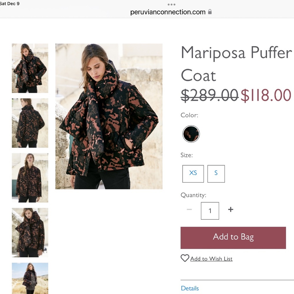 Peruvian Connection Mariposa Puffer Coat in Black and Copper Floral